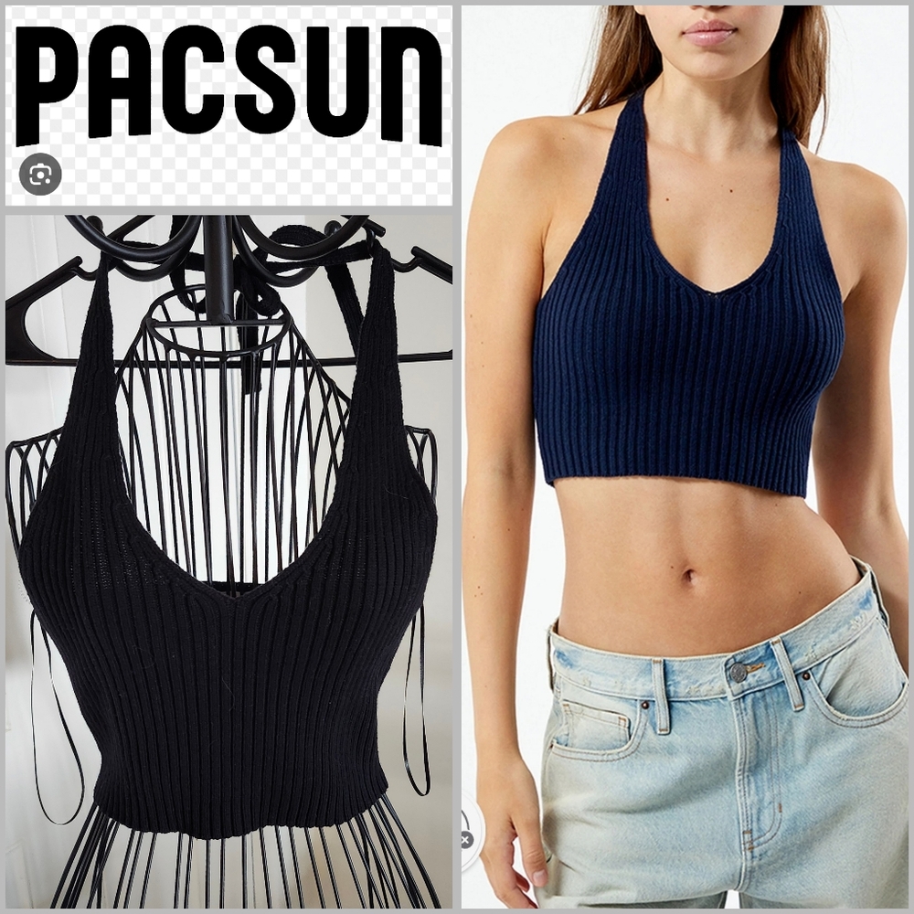 NWT PacSun LA Hearts Black Pixie Ribbed Tie-up Strap Halter Crop Top Size Medium